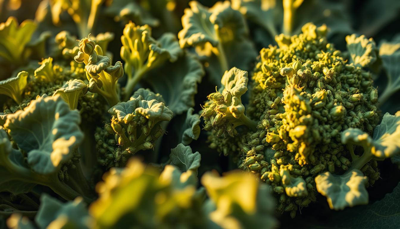 Aphids attacking tender new growth on kale and broccoli.