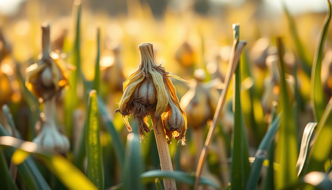 Garlic tops dying before bulbs are fully developed.